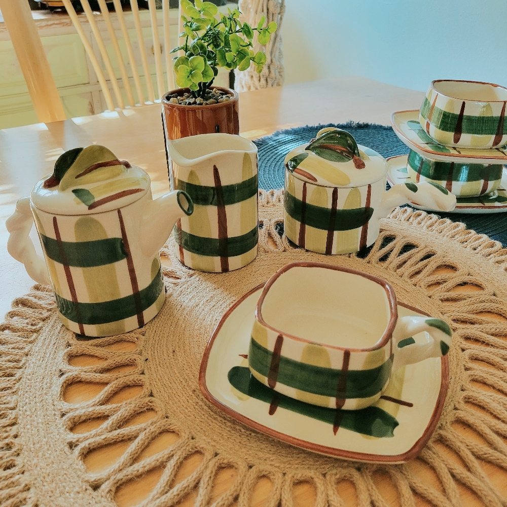 Blair | MCM Tea / Coffee Pottery Drinkware set | Gay Plaid | Circa 1949